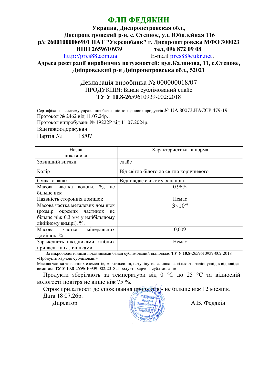 Документ якості: зразок